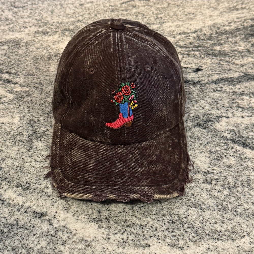 New Custom Designed Brown Distressed Baseball Cap with Embroidered CowgirlDesign
